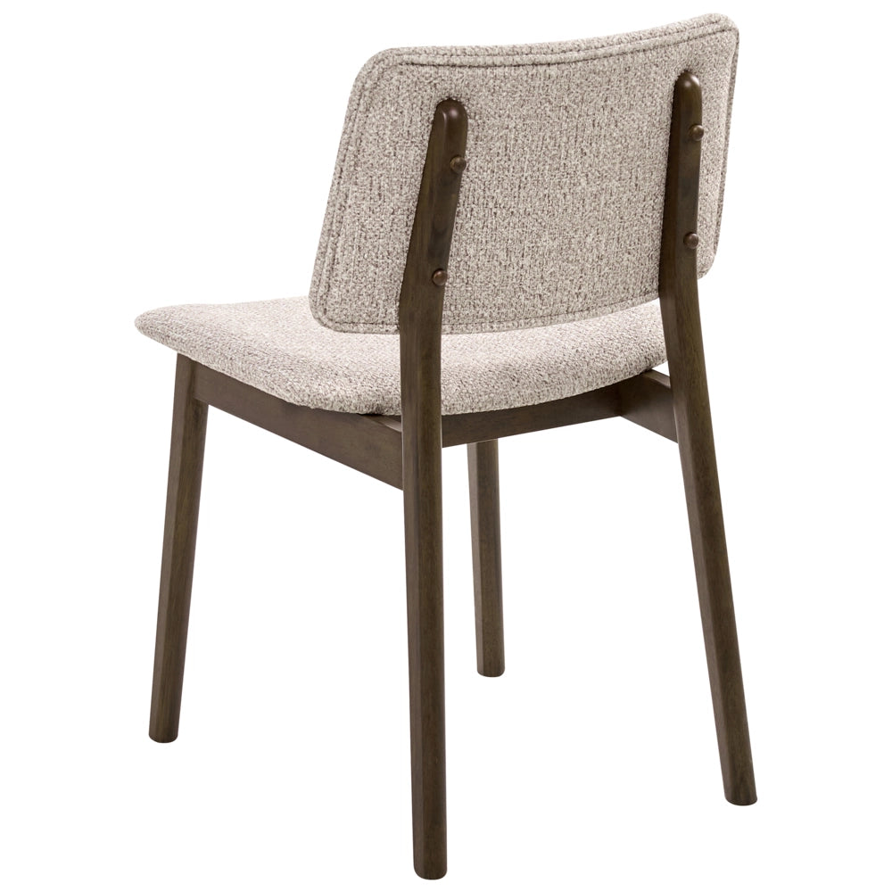 Set di 2 sedie da pranzo marrone scuro e tortora con struttura in legno di gomma e seduta bouclé, design retrò senza braccioli