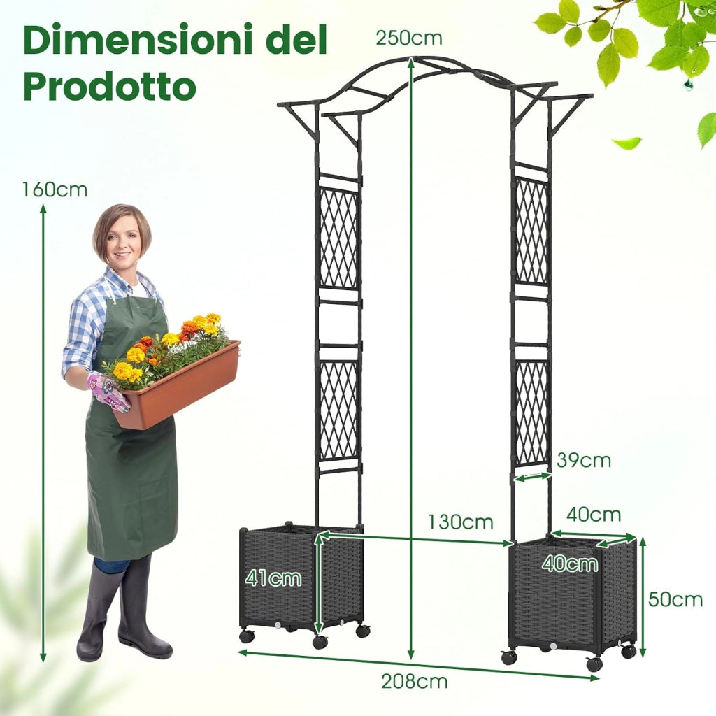 Arco da Giardino con 2 Fioriere Auto-irriganti e Ruote, Supporto per Piante in Metallo Rivestita PE Antiruggine, Grande Arco per Viti e Rose da Matrimonio all'Aperto (Grigio)