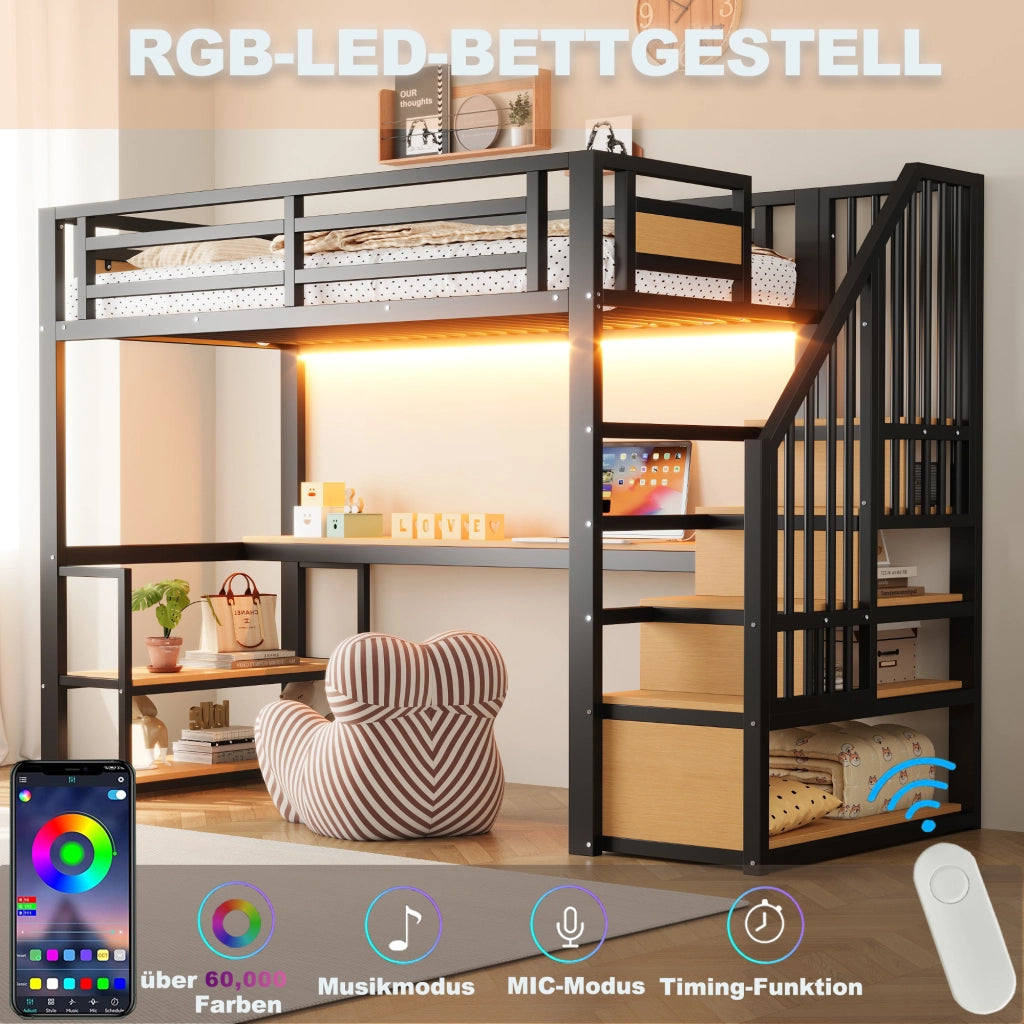 Letto a soppalco 90 × 200 cm con scrivania, ripiani, scala contenitore et barriera di sicurezza, senza materasso, in metallo, nero