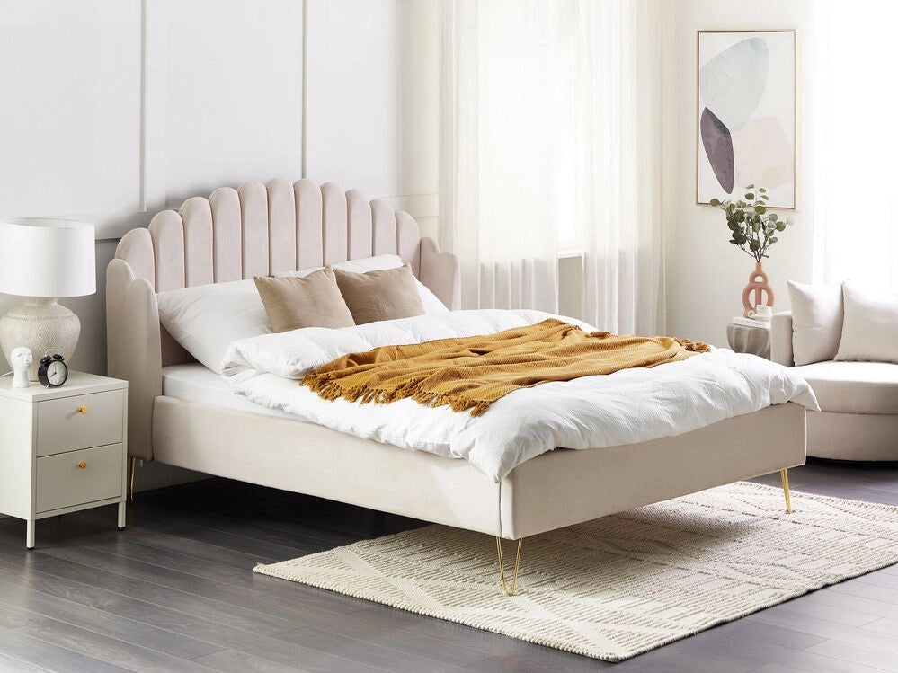 Letto con rete in tessuto poliestere beige chiaro 160 x 200 cm gambe in metallo testata retro capitonné