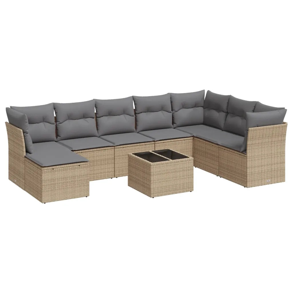 Set Divano da Giardino 9 pz con Cuscini Beige in Polyrattan
