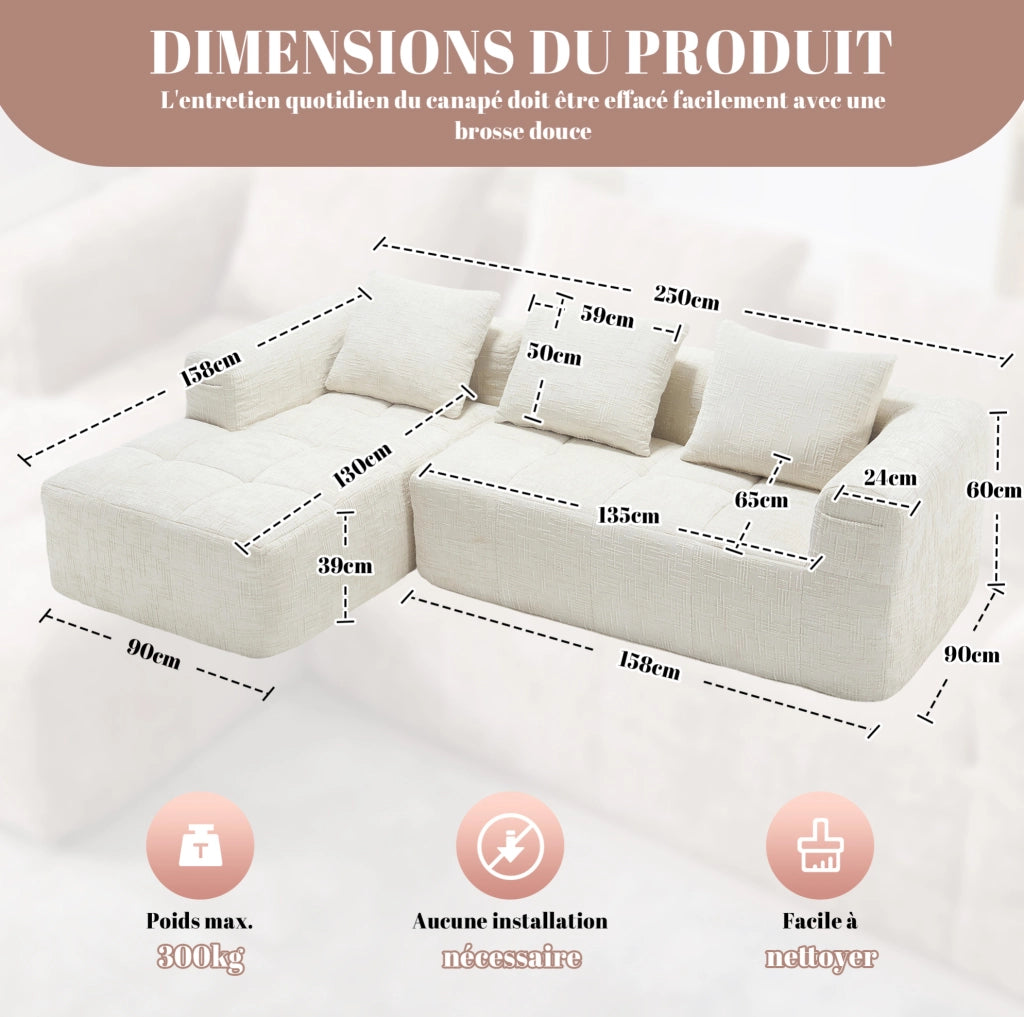 Divano modulare a L 3 posti in chenille beige con chaise longue e braccioli, dimensioni 250x158x60 cm