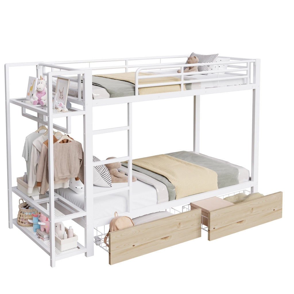 OKWISH Letto a Castello 90×200 cm, Letto Singolo con 2 Cassetti, Mensole e LED Regolabile, senza Materasso, in Metallo, Bianco