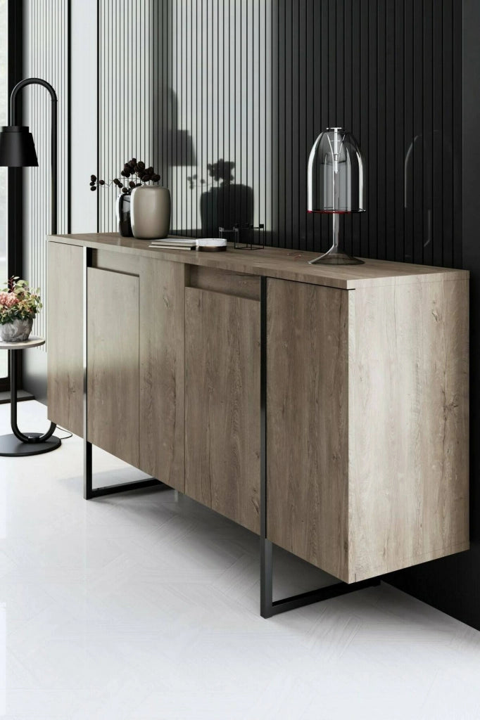 Credenza Arta, Buffet da soggiorno, Madia da salotto, Dispensa da cucina, 160x35h80 cm, Noce e Nero