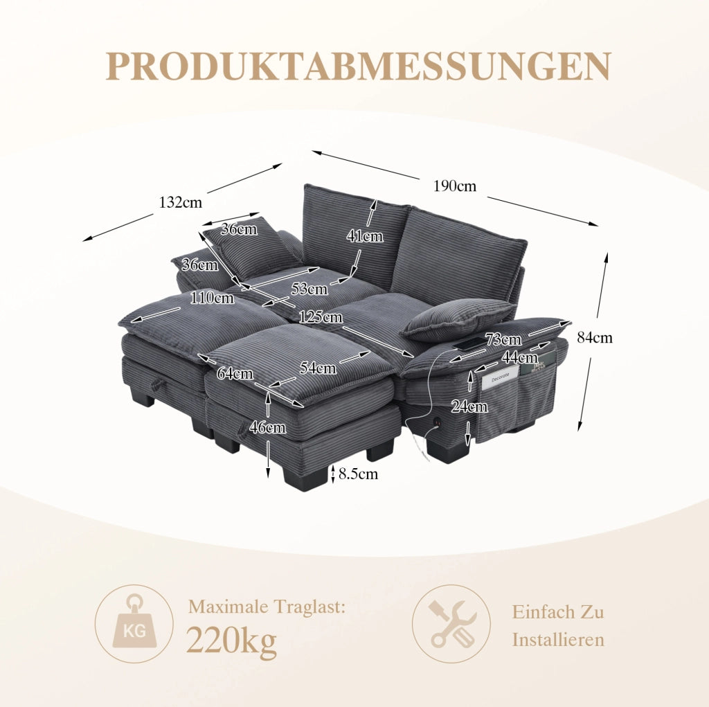 Divano modulare 2 posti con 2 pouf contenitore in tessuto corduroy; 190x132x84 cm; grigio scuro