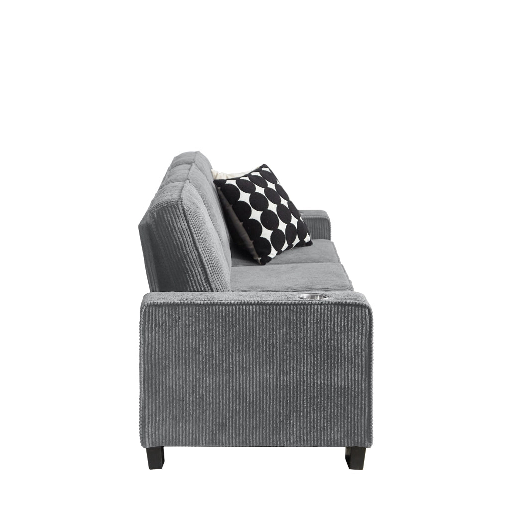 Divano lineare 3 posti con portabicchieri e seduta ergonomica in velluto a coste grigio 206×72×86 cm