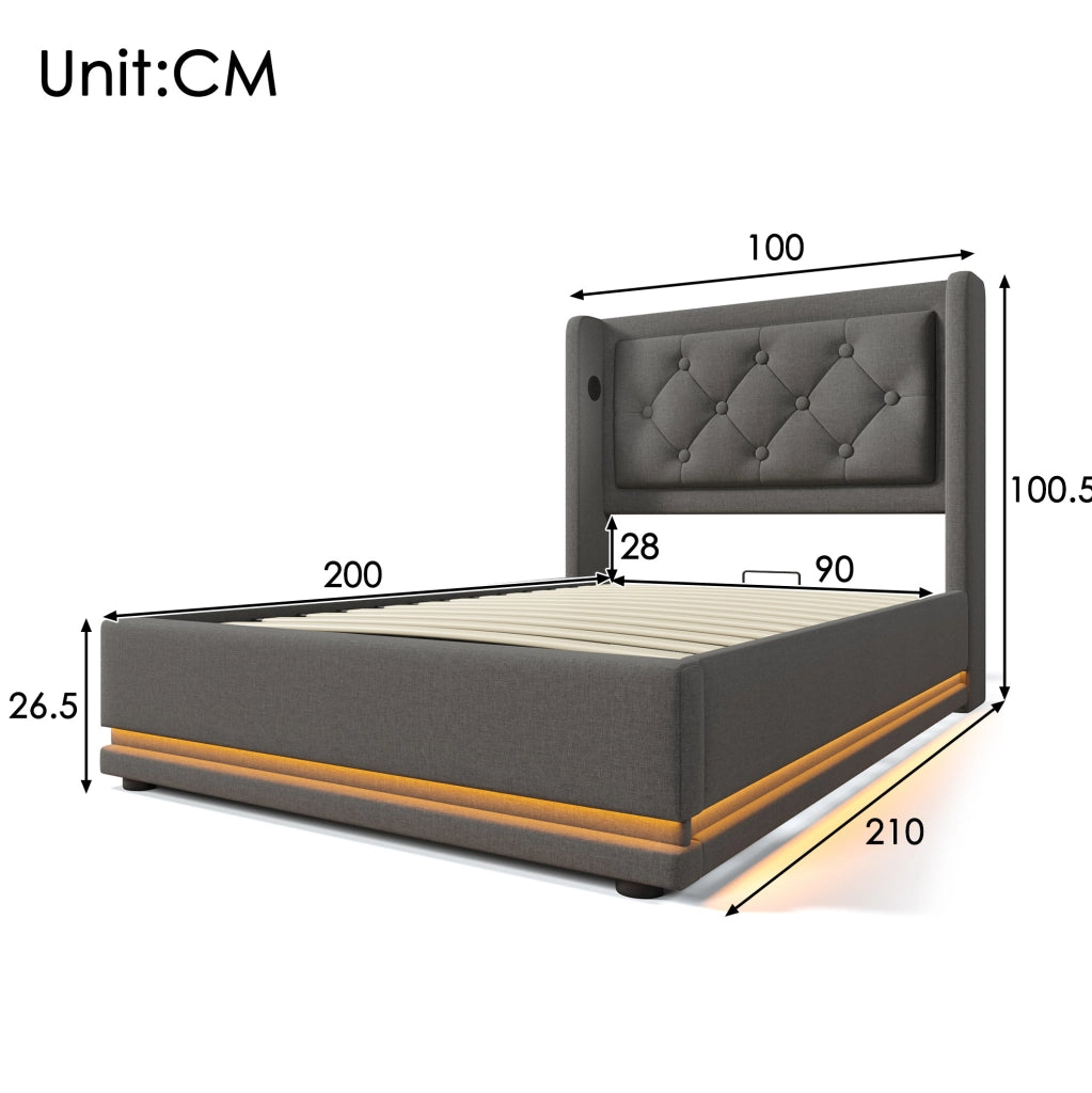 Letto singolo imbottito 90x200 cm in cotone grigio con contenitore; USB e LED