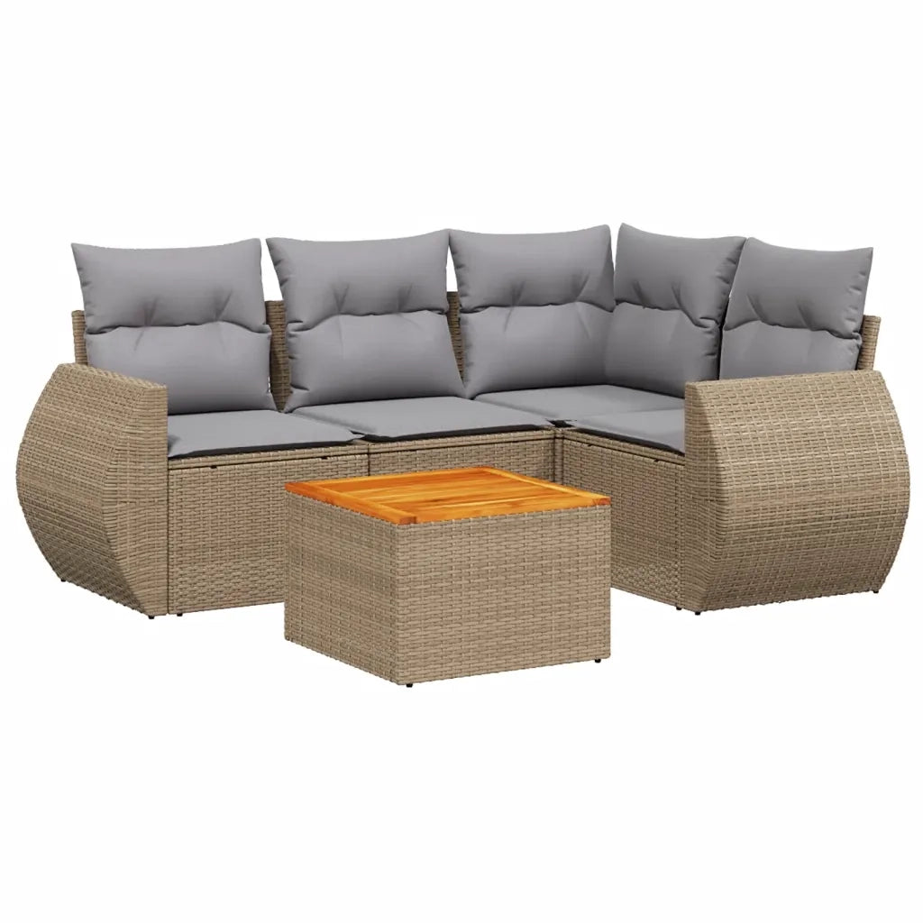 Set Divano da Giardino 5 pz con Cuscini Beige in Polyrattan