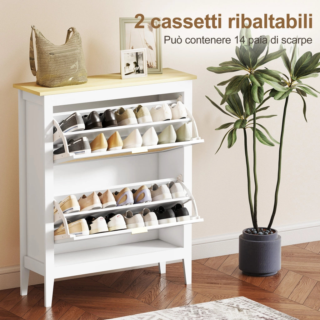 Scarpiera Slim Stile Boho con 2 Cassetti Ribaltabili per 14 Paia di Scarpe 80x24x95,5 cm Anta con Pannello in Rattan
