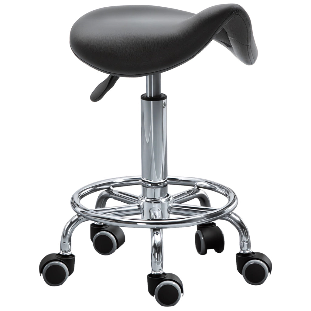 Sgabello Regolabile in Altezza con 5 Ruote Seduta Ergonomica Imbottita in PU Nero 36.2x37.5x51-66 cm Girevole e Pratico