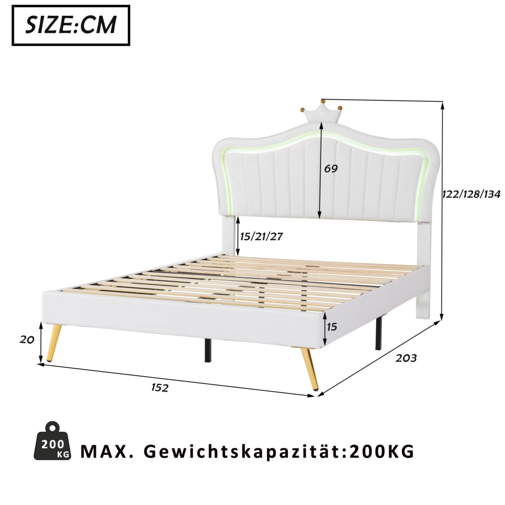 Letto imbottito per bambini 140x200 cm bianco con LED; testiera regolabile e 12 doghe