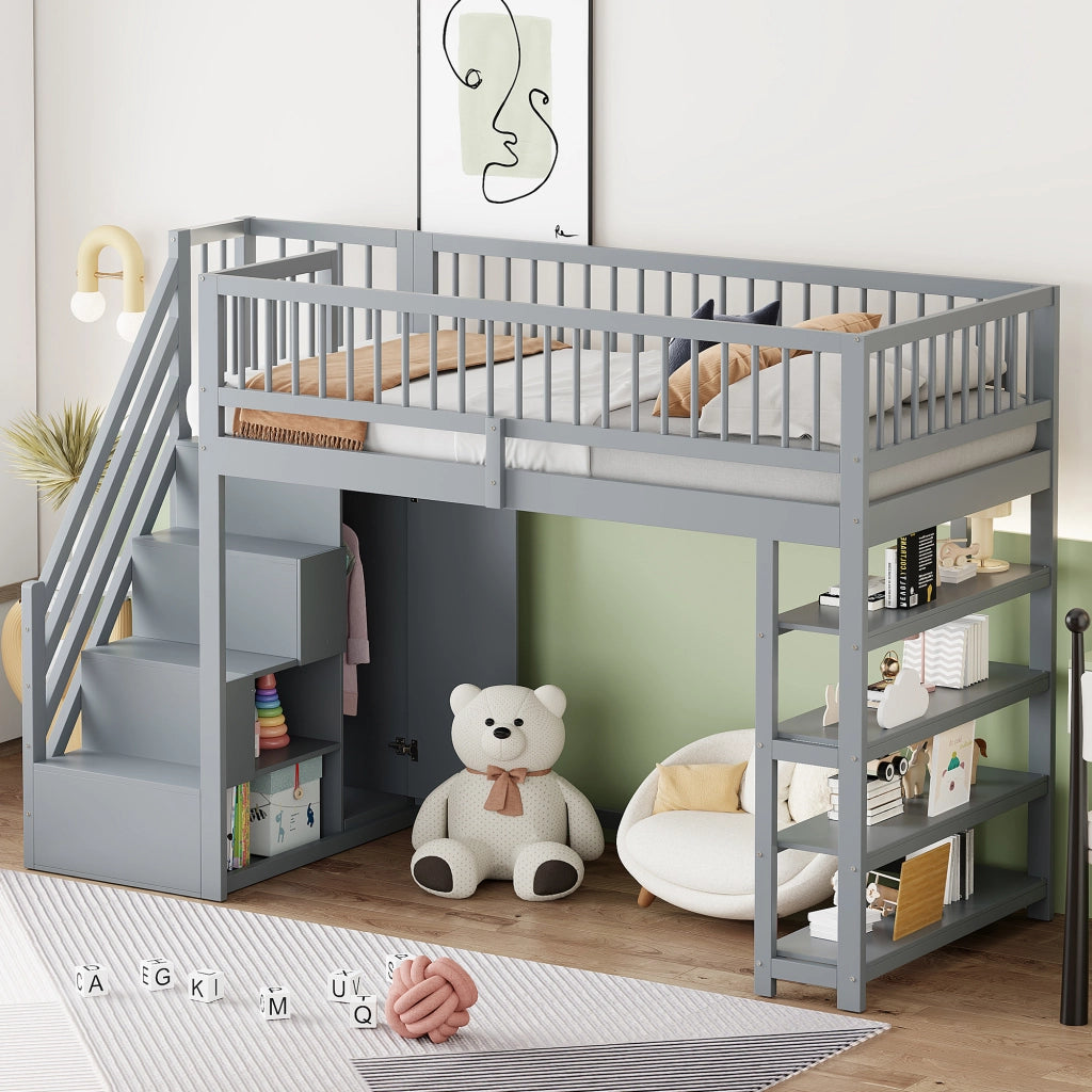 Letto a Soppalco 90 x 200 cm; Singolo con Armadio; Scaffali e Vani Contenitore; senza Materasso; Grigio