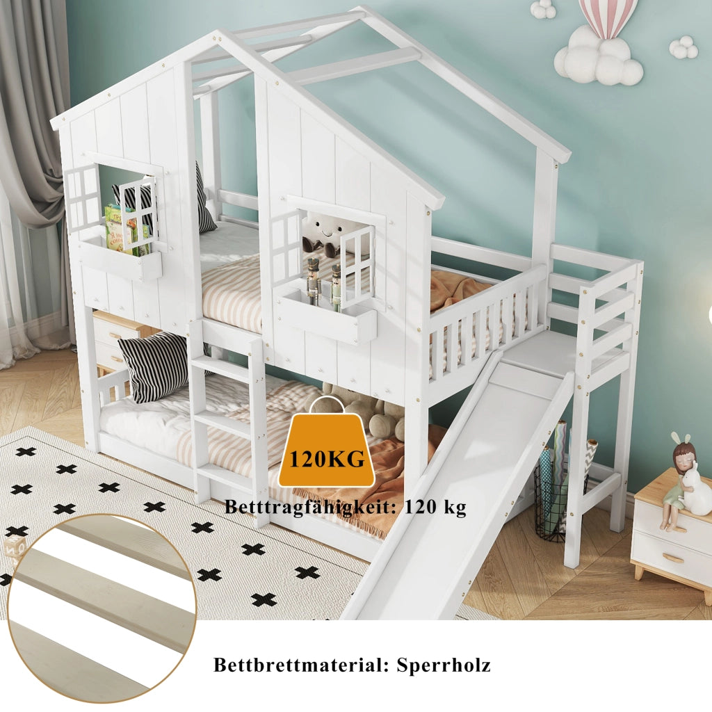 Letto a castello con scivolo in legno massello e MDF 90x200 cm