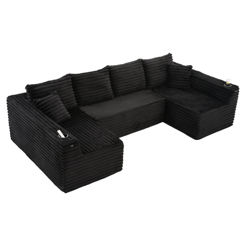 Divano modulare a U ULEVR 320x155 cm in velluto a coste nero, portabevande, tasca laterale e 6 cuscini