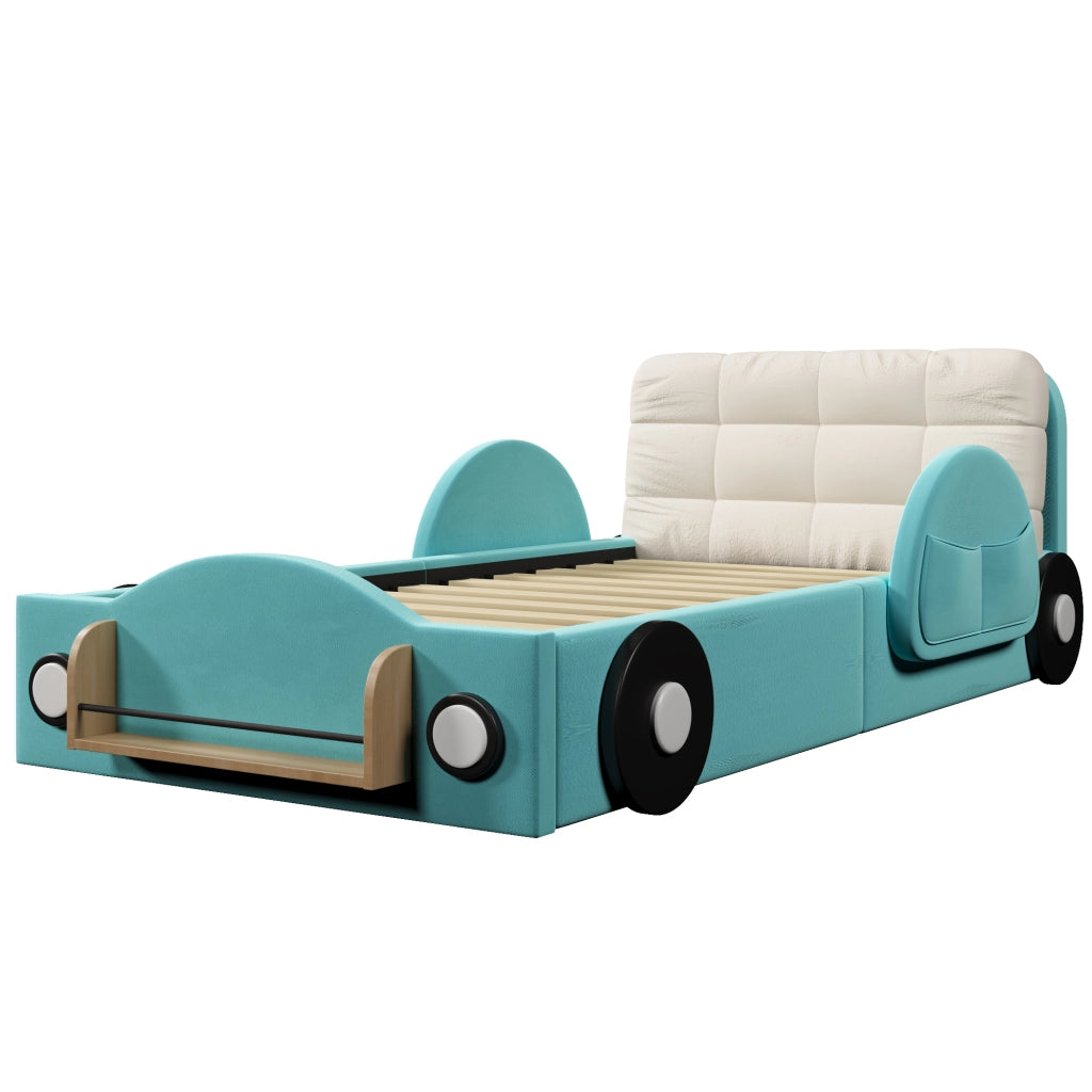 Letto Contenitore 90x200 cm con sollevamento idraulico; tasche laterali e ripiano in Flanella Blu