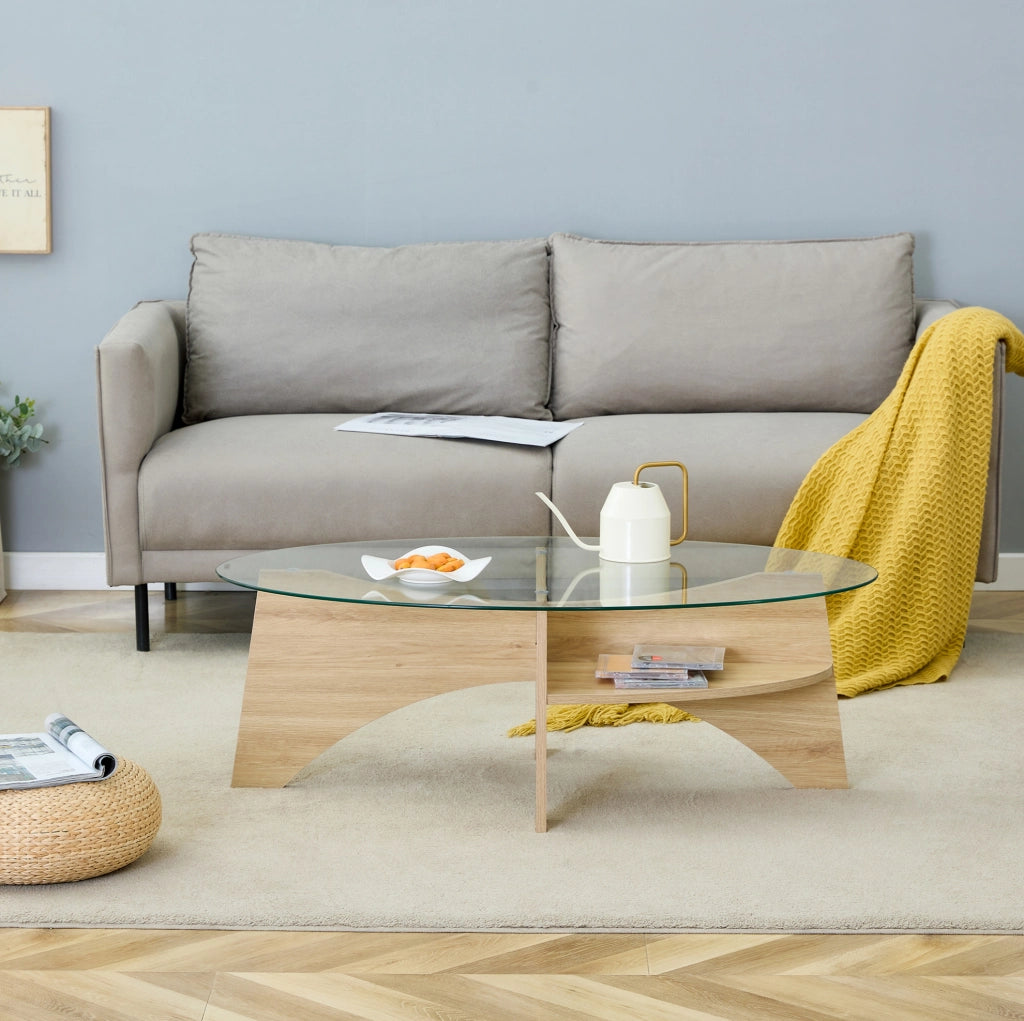 Tavolino ovale trasparente e legno in vetro e MDF con ripiano inferiore