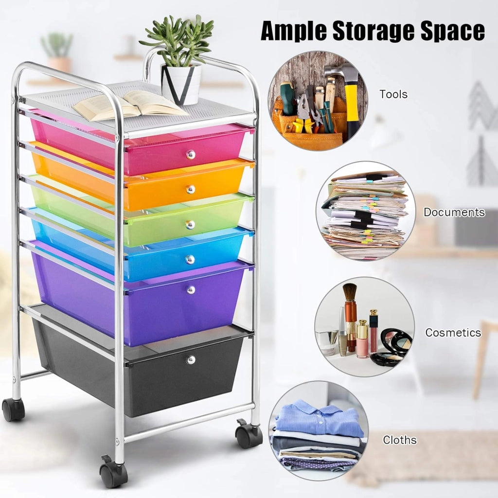 Carrello con 6 Cassetti, Portaoggetti Multistrato, Carrello da Stoccaggio a 6 Ripiani, Contenitore con Ruote, Scaffale Mobile Salvaspazio, 32x37x74 cm, Colorato