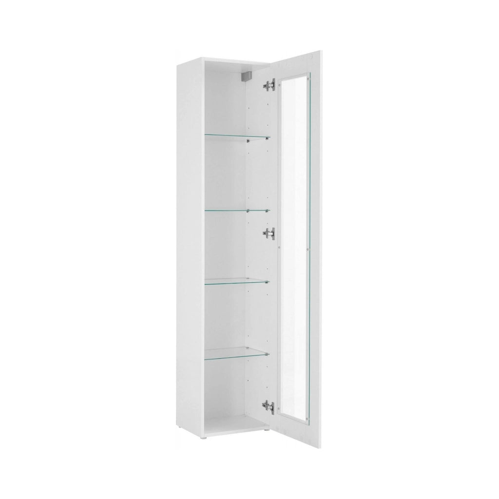 Vetrina a colonna con anta a Aristotele, Made in Italy, con luce LED blu, Credenza con ripiani, Vetrinetta da soggiorno, cm 40x30h180, colore Bianco lucido