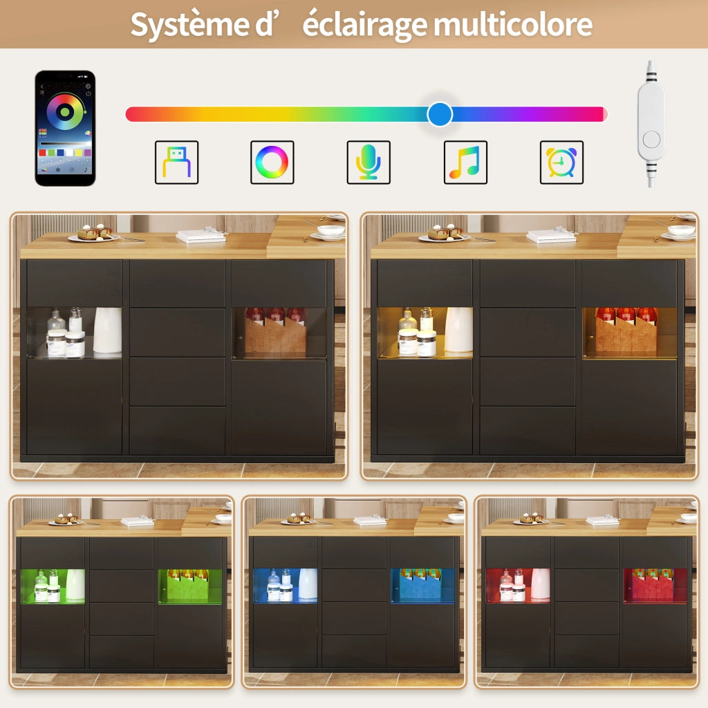 Dispensa da cucina con 4 cassetti; ante in vetro e LED RGB; piano girevole 360°; per cucina; nero; 120 × 40 × 73.8 cm