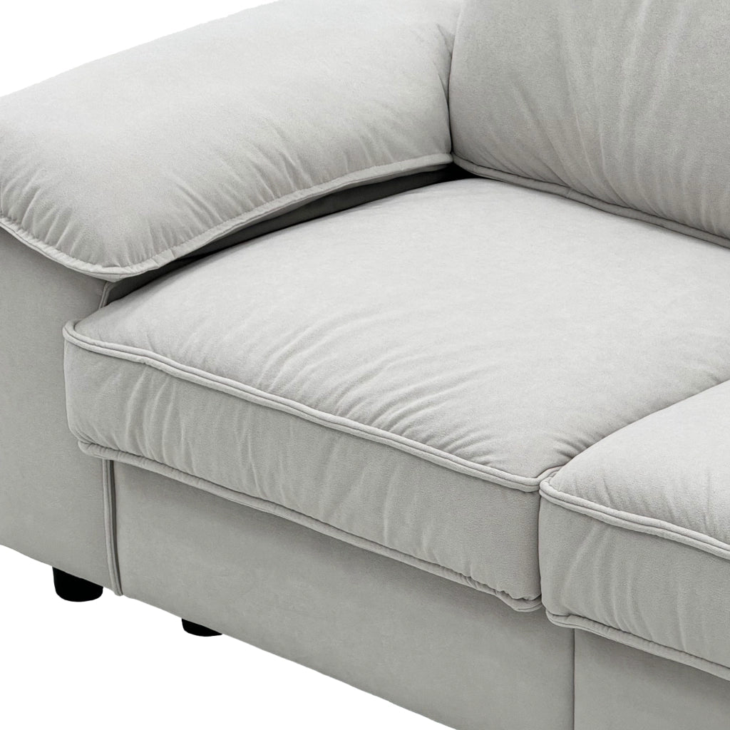 Divano Lineare con Vano Contenitore, Braccioli Larghi e Cuscini Rimovibili, in Legno Bianco Crema