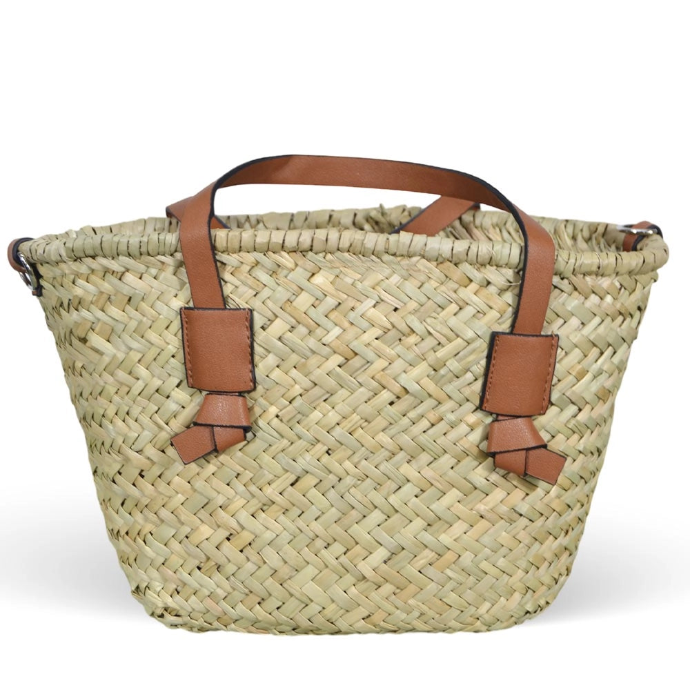 Borsa mare donna Erba in paglia intrecciata con tracolla manici in cuoio marrone