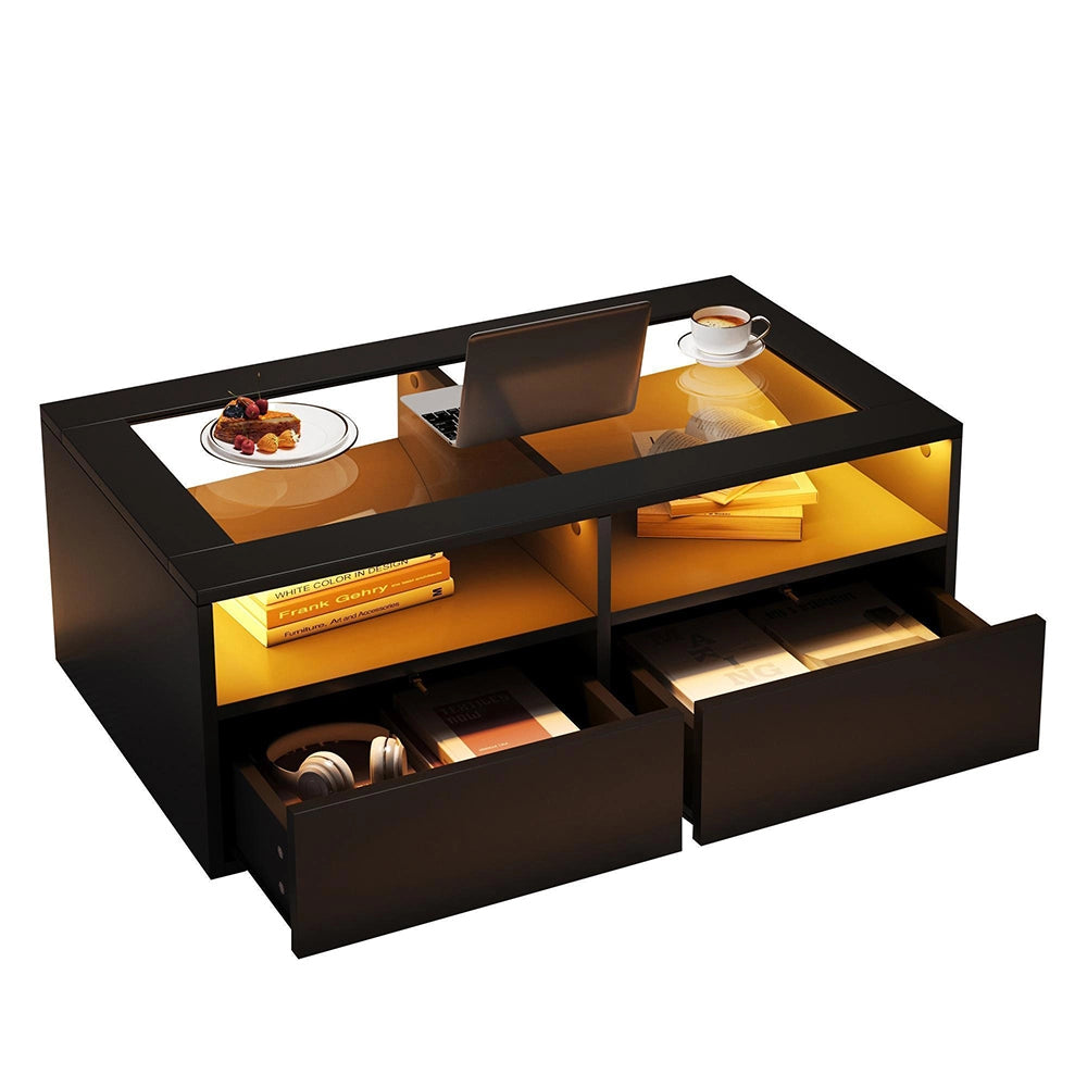 Tavolino LED - Xylo - 100x50cm vetro 2 cassetti nero