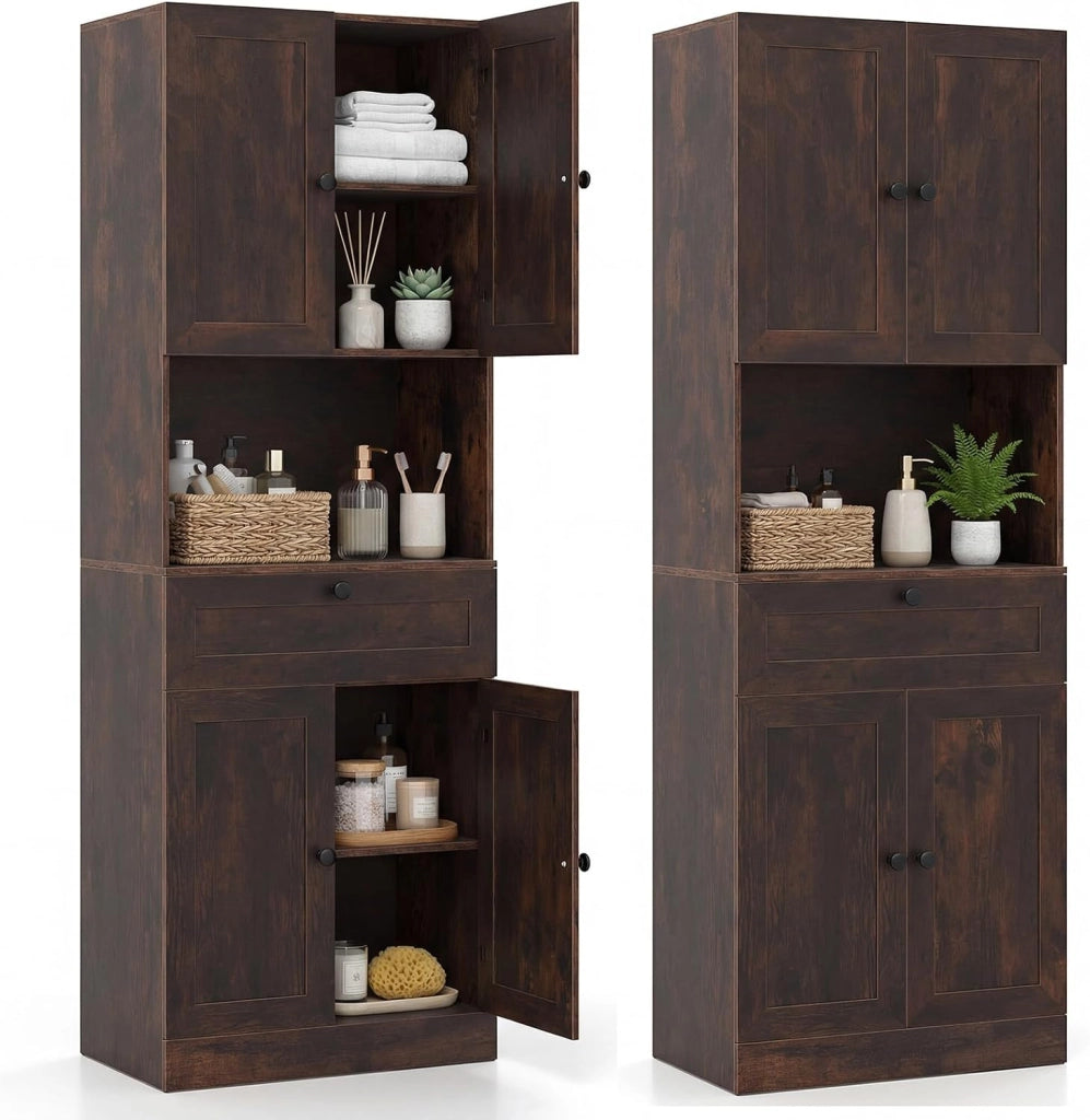 Mobile da Bagno Salvaspazio, Mobile da Terra con 4 Ante, 1 Cassetto, Vano Aperto e Ripiani Regolabili, Credenza Dispensa Cucina in Lgeno per Soggiorno e Ingresso, 60 x 35 x 171,5 cm (Marrone)