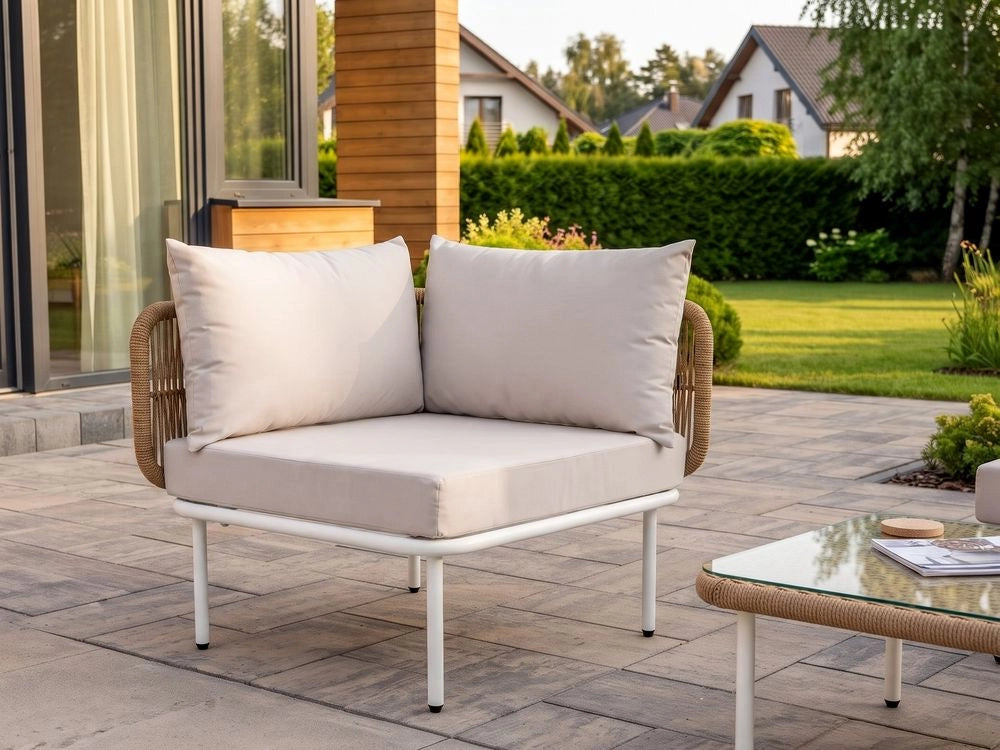 Poltrona da giardino in metallo, rattan PE e tessuto beige chiaro stile rustico moderno