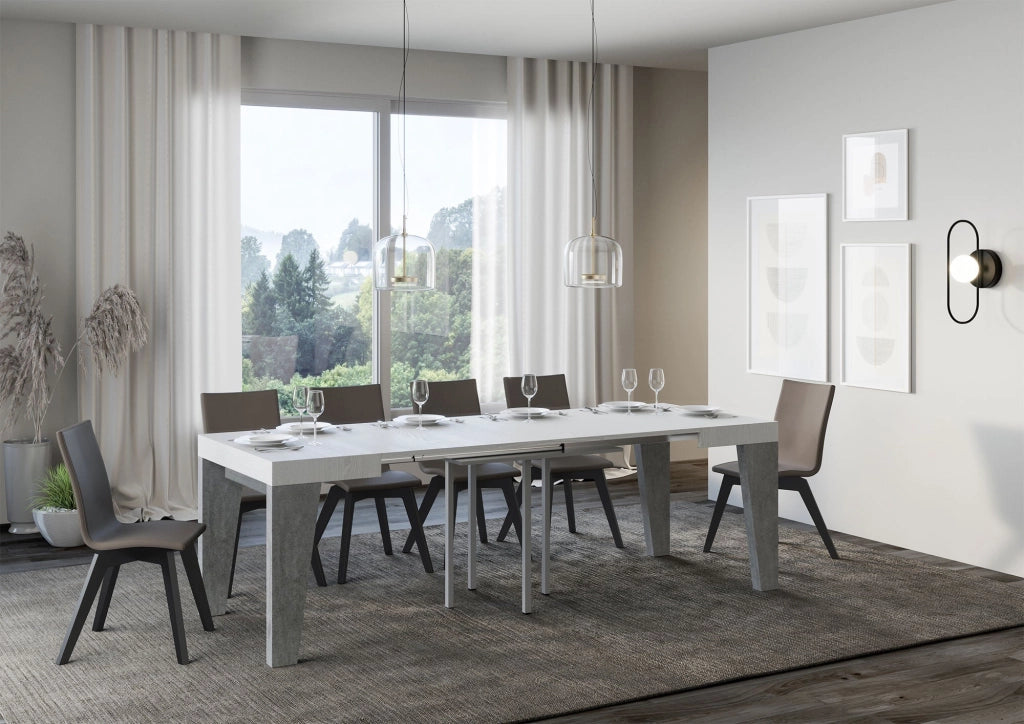 Tavolo Allungabile 90/246x90x77 cm Naxy Mix piano Bianco Frassino gambe Cemento