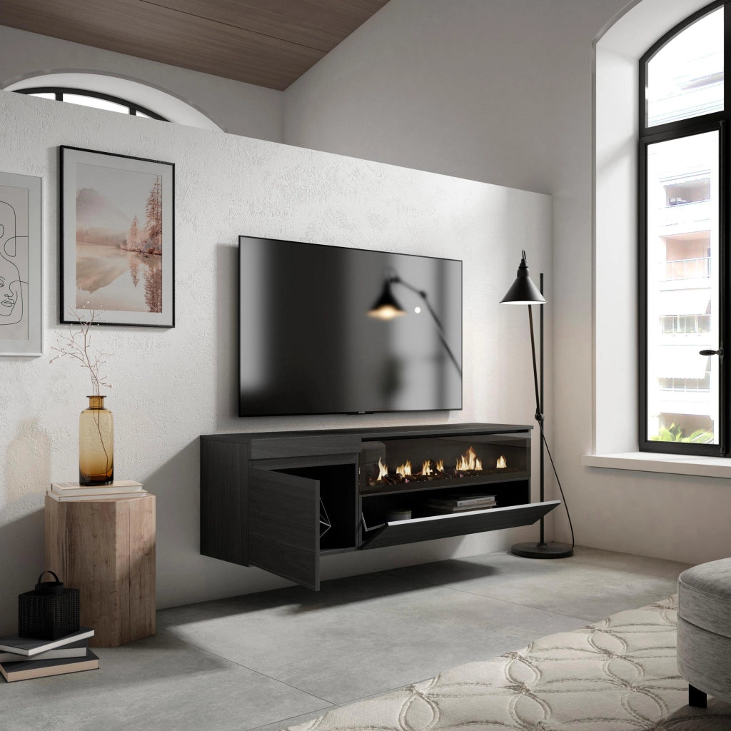 Mobile TV Soggiorno, 150x35x45cm, Per TV fino a 65", Camino elettrico, da appendere, Nero RF2486