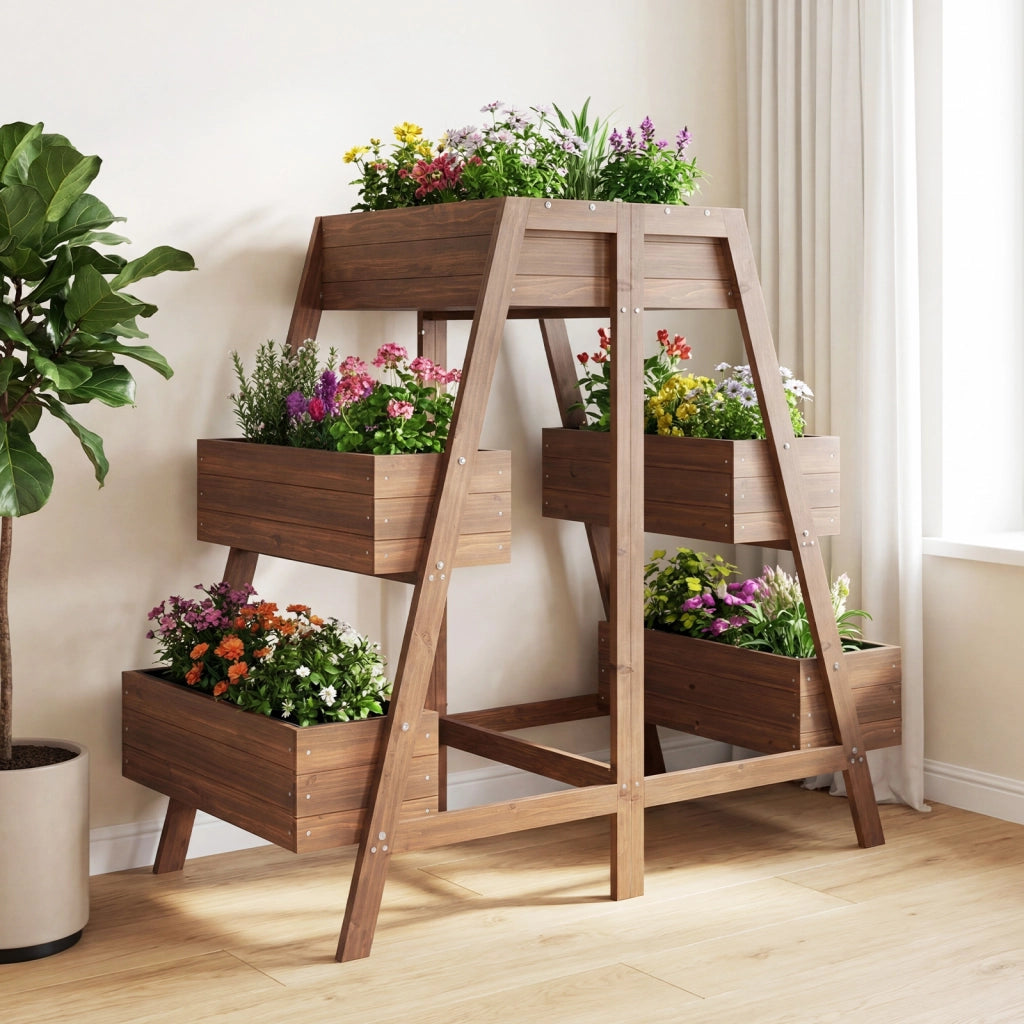 Orto rialzato a più livelli in legno rivestito per interno ed esterno giardino patio balcone-Supporto per piante contenitore scaffale per serre Caffè