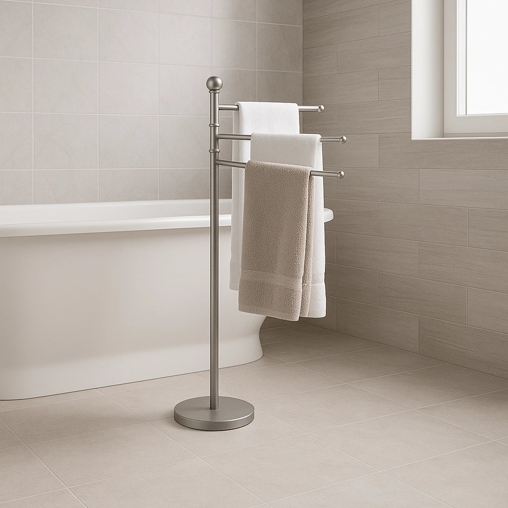 Piantana Porta Asciugamani da Bagno Acciaio Smaltato Base Tonda 3 Braccia Grigio