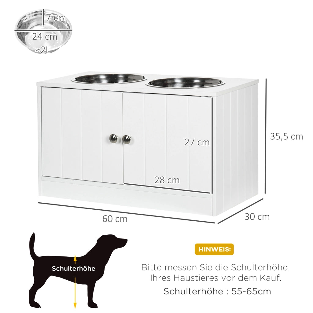 Mangiatoia per cani rialzata con 2 ciotole in acciaio inox, vano da 44 L, porte magnetiche bianca