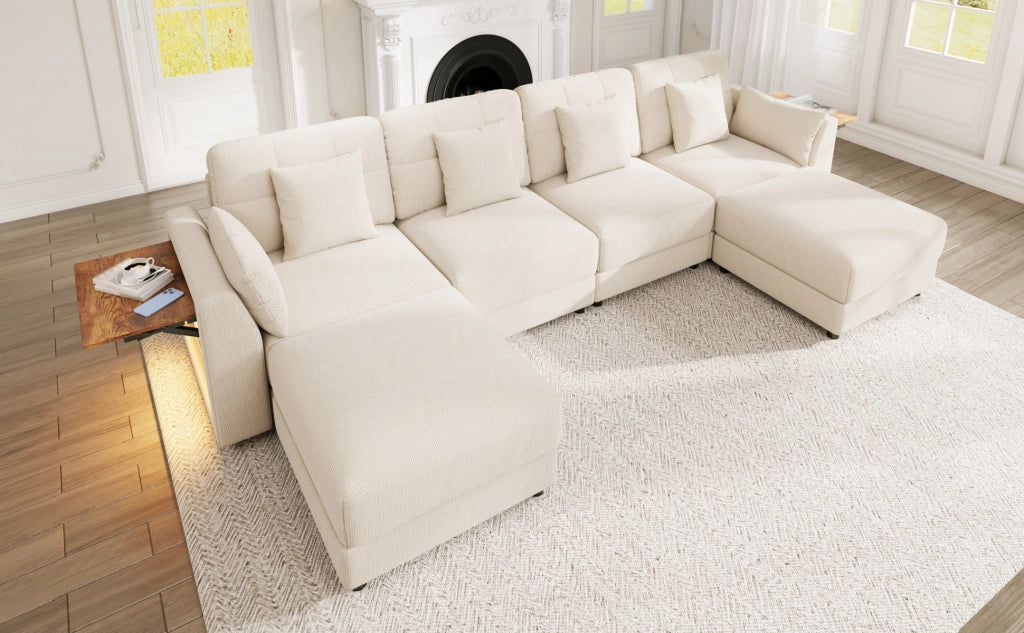 Divano angolare modulare a U e L con luci LED tavolino ribaltabile e tessuto chenille beige 292 × 135 × 82 cm