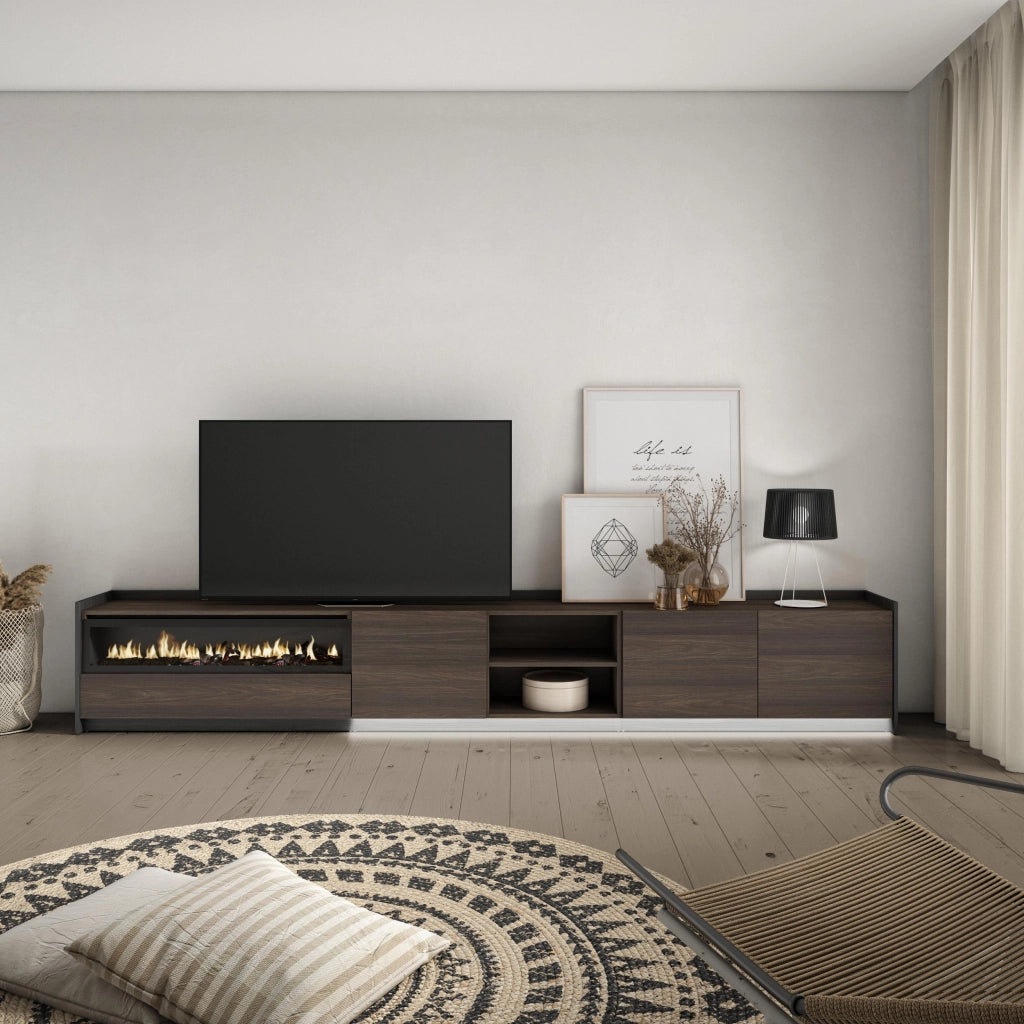 Mobile TV Soggiorno, 310x50x37 cm, Per TV fino a 80", Camino elettrico, LED, Rovere scuro e Nero