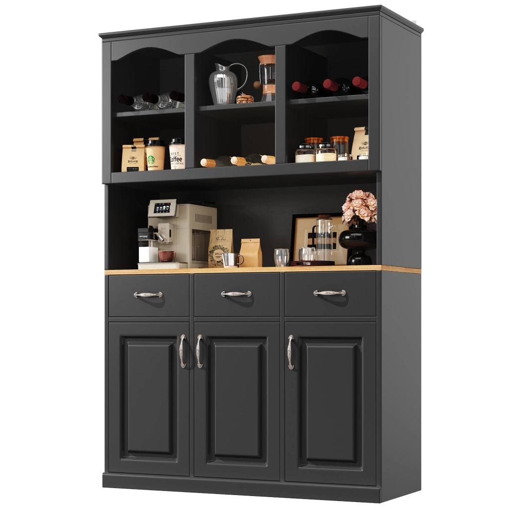 OKWISH Credenza da Cucina Alta con 3 Ante e 3 Cassetti, Ripiani Regolabili, LED, per Cucina, MDF, Nero, 120×40×180 cm
