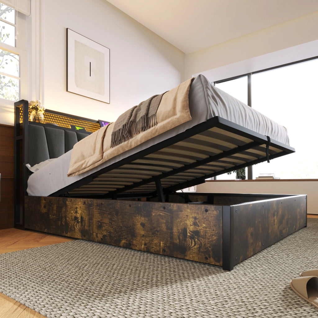 Letto Matrimoniale 160×200 cm con Contenitore; USB; Prese e LED Regolabile; senza Materasso; Grigio