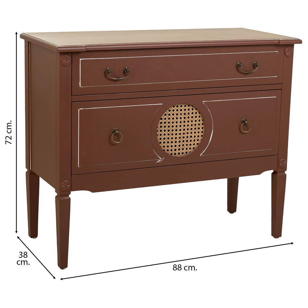 Cassettiera in legno e rattan con due cassetti marroni, 88x38x72h cm