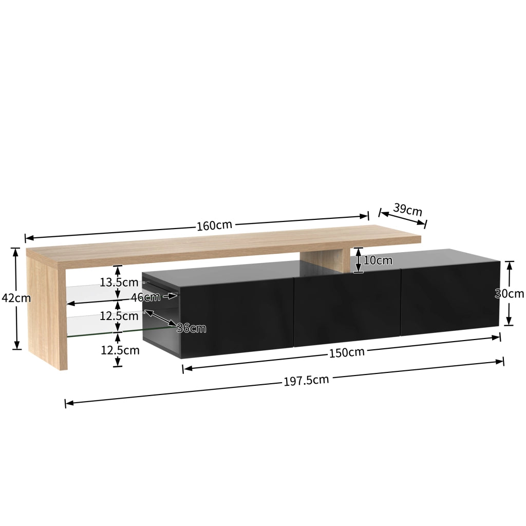 Mobile TV 197.5x39x42 cm; con ripiani in vetro e LED a 7 colori; MDF e vetro; colore naturale e nero