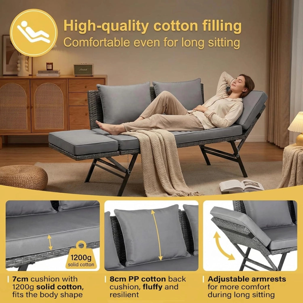 Panchina da giardino in polyrattan con funzione sdraio, 2 posti, divano da giardino in rattan con braccioli regolabili, terrazzo, divano da balcone resistente alle intemperie, colore: grigio