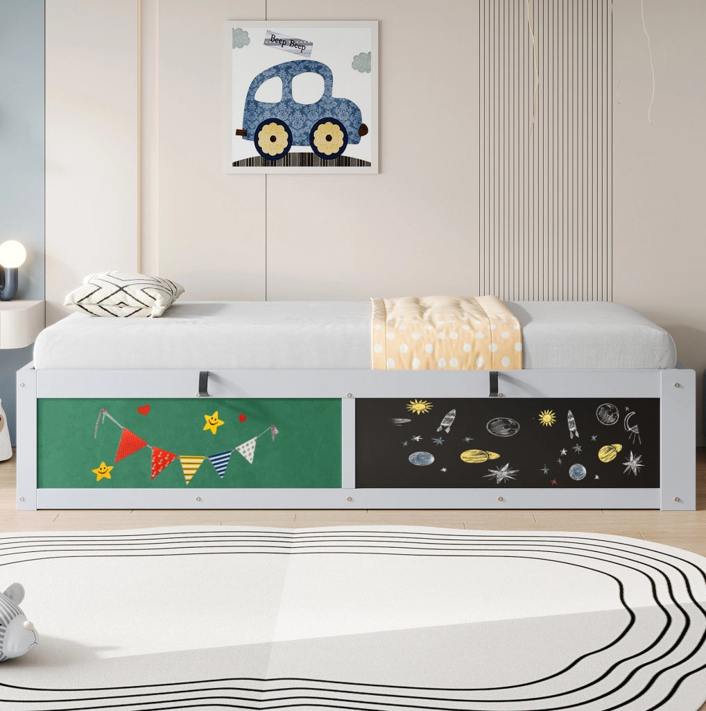 Letto bambini multifunzione 90x200 cm con contenitore idraulico; lavagna e pannello in feltro; grigio