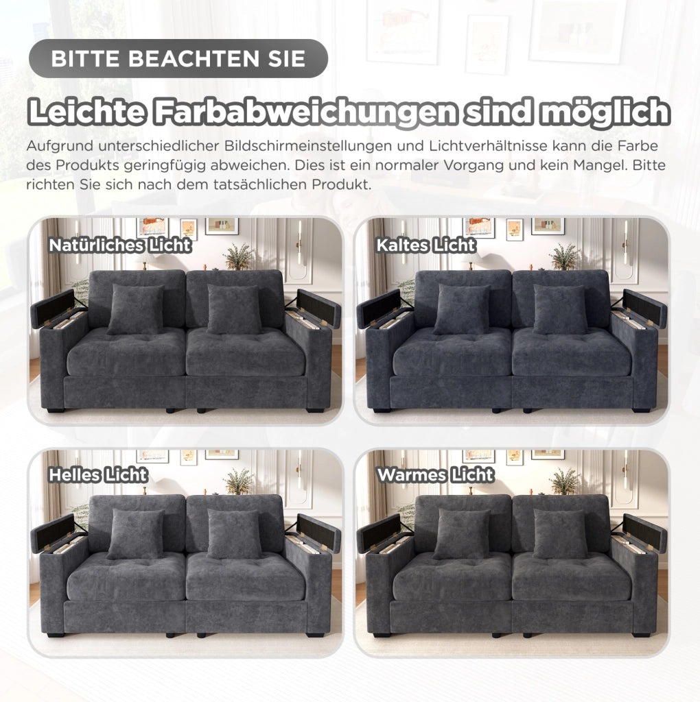 Divano 2 posti moderno in chenille grigio scuro con contenitore nei braccioli e cuscini