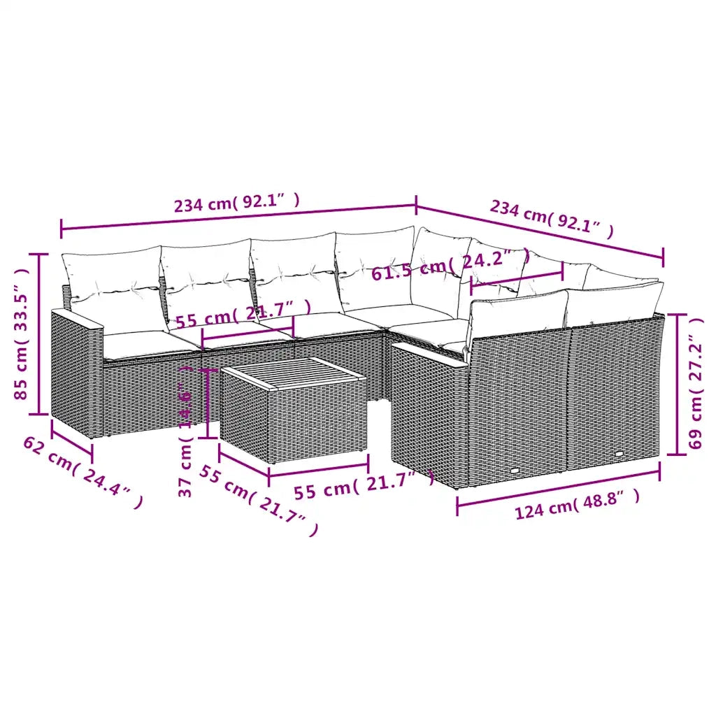 Set Divani da Giardino 9 pz con Cuscini Nero in Polyrattan 3225826