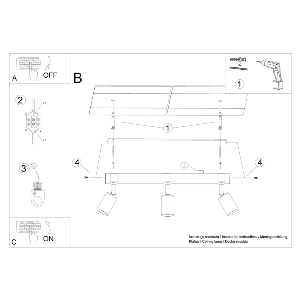 Plafoniera spot industriale LIMERO 3 luci E27 nera
