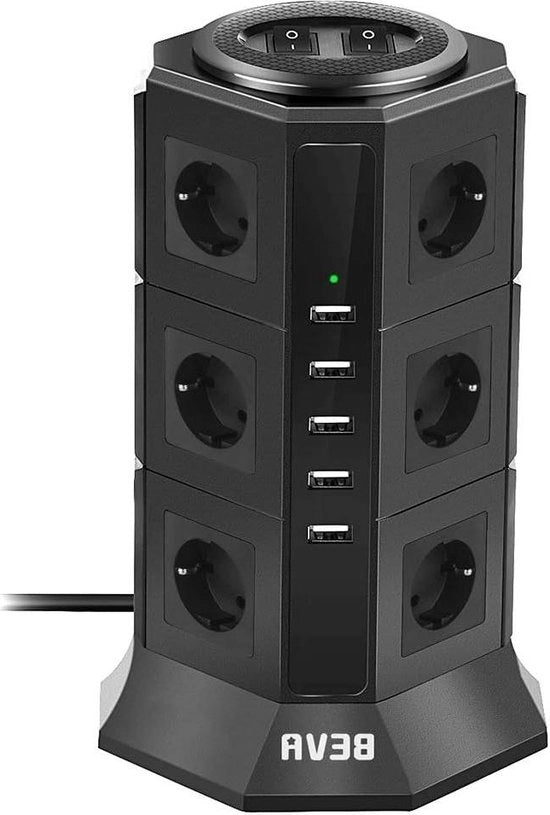 Torre di connessione 12V con 5 prese USB - Multiplo stivale - Protezione da sovraccarico - Protezione da cortocircuito - 2 interruttori - 2m cavo - Scatola di connessione 2500W/10A