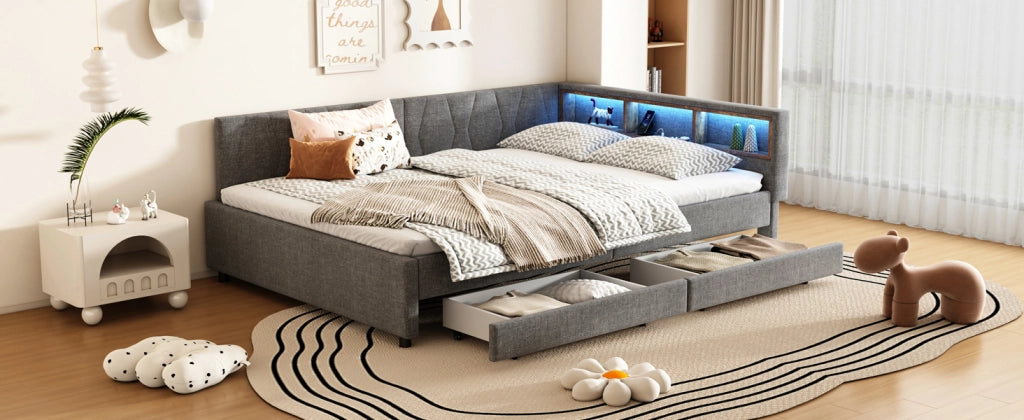 DESMIU Letto a divano 140 × 200 cm 2 posti con USB, Type-C, LED regolabile e 2 cassetti senza materasso, grigio