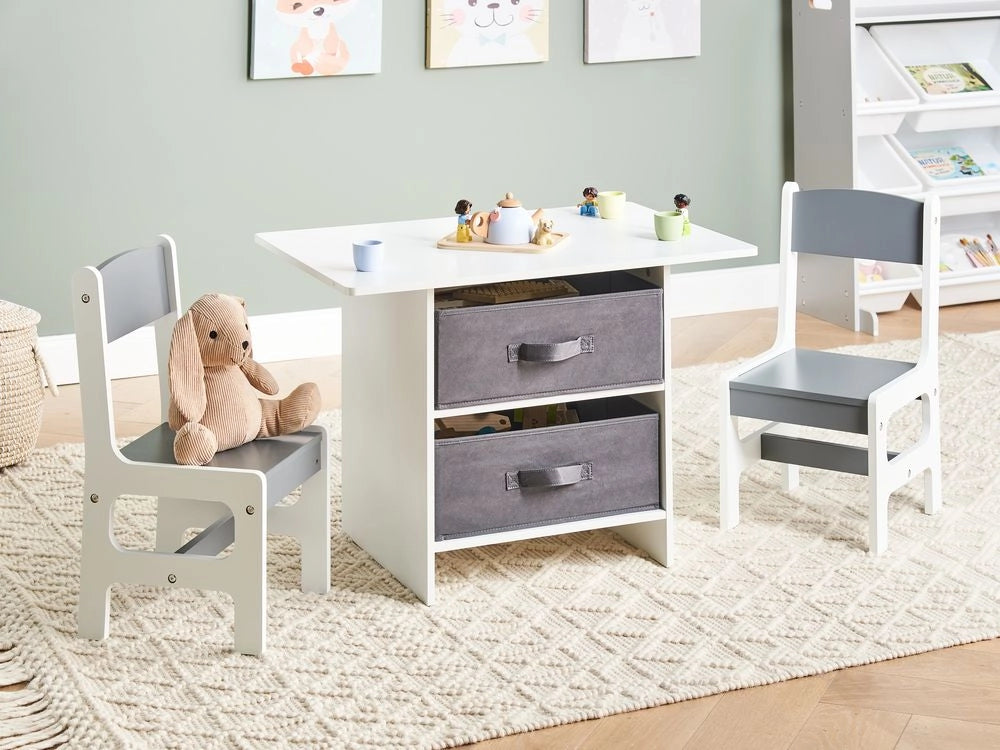 Set per bambini a 2 posti Tavolo con sedie MDF bianco e grigio Due scatole in tessuto non tessuto Cameretta per bambini alla moda