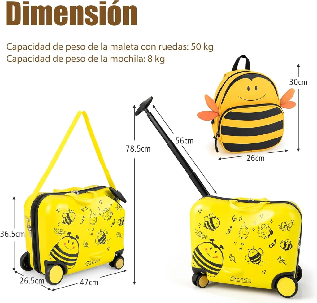Set di Valigia Cavalcabile 18’’ + Zaino 12’’ per Bambini 2 Pezzi, Bagagli 2-in-1 di con Maniglia Telescopica e 4 Ruote, Trolley Bagaglio a Mano e Zaino per Bambini (Giallo Ape)