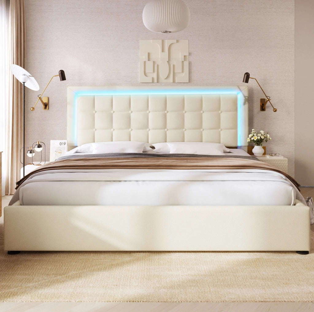 Letto matrimoniale 140x200 cm con contenitore sollevabile e LED; in PU bianco