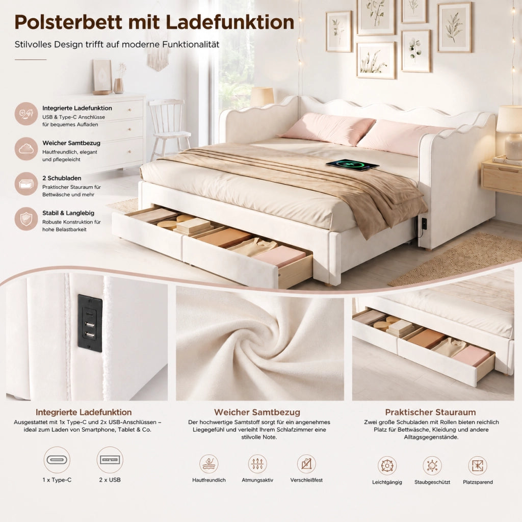 Letto divano estraibile 90 × 200 cm con 2 cassetti, USB e Type-C, senza materasso, in velluto, beige